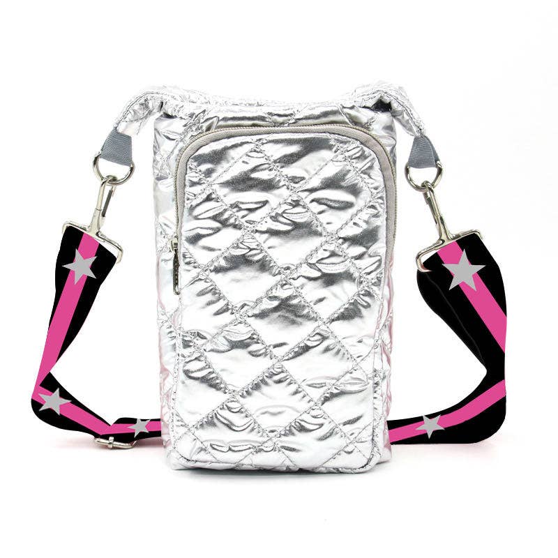 Silver Water Bottle Bag Crossbody Hydro Puffer Tote