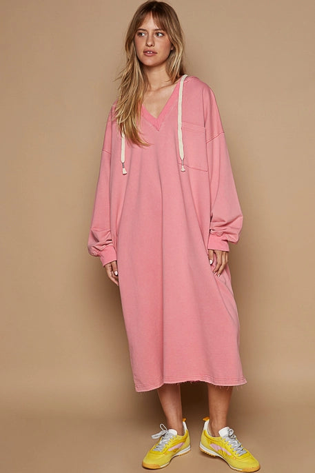 Vintage Washed V- Neck Long Sweatshirt Dress