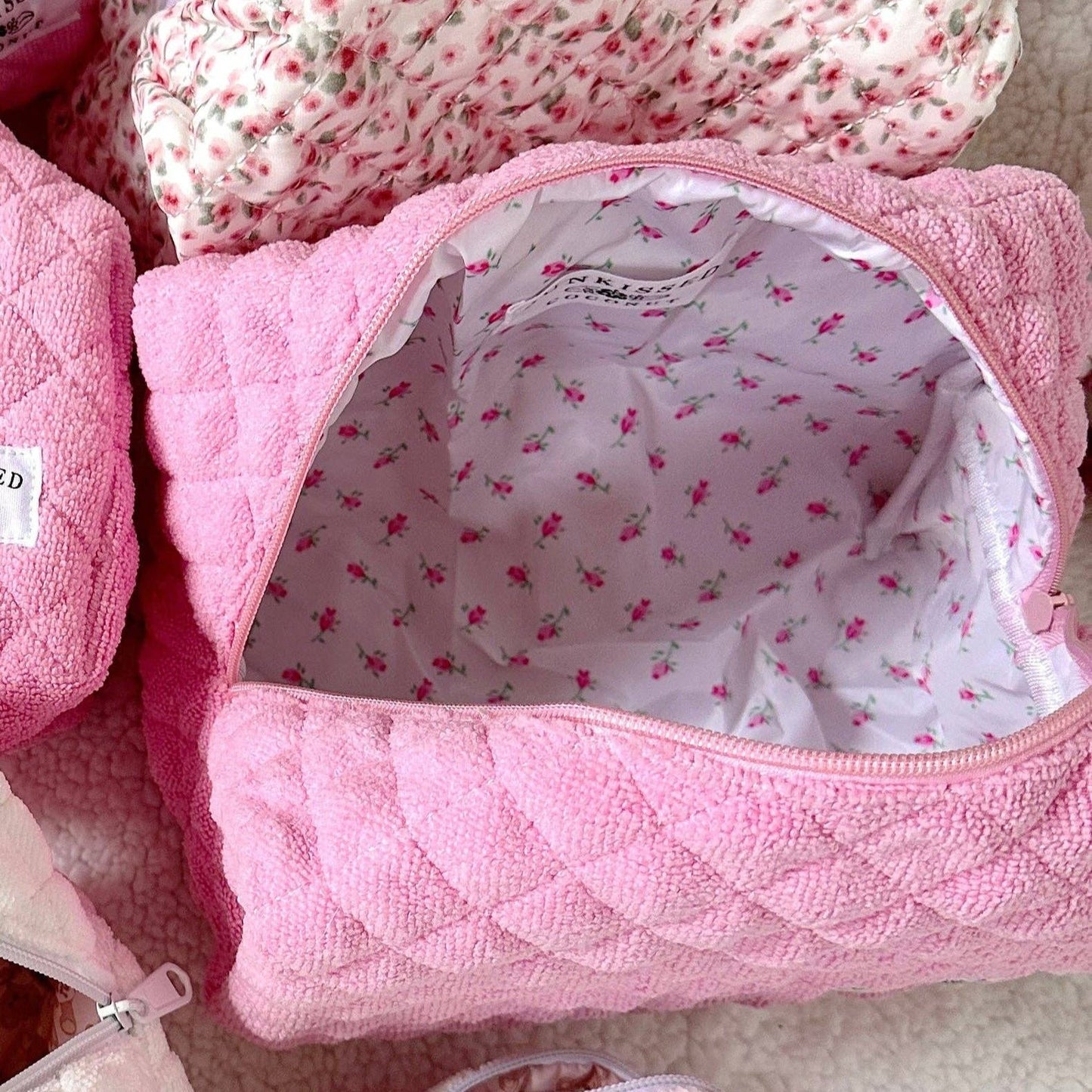 Teddy Bear Small Quilted Make Up Bag- Rose