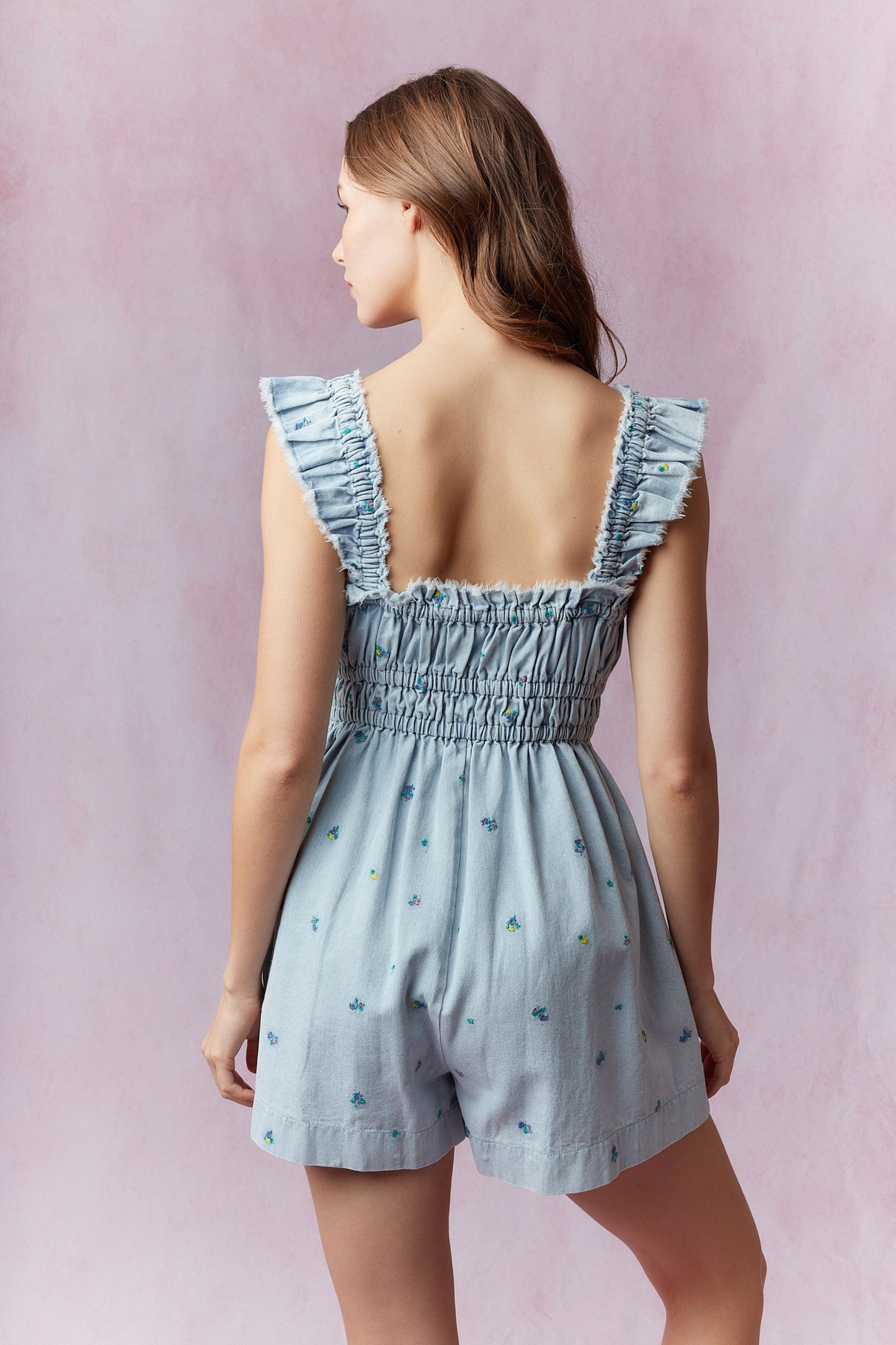 Garden Embroidered Denim Romper