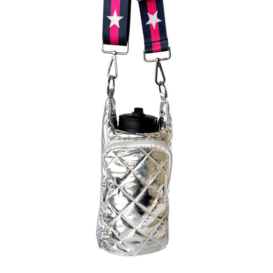 Silver Water Bottle Bag Crossbody Hydro Puffer Tote