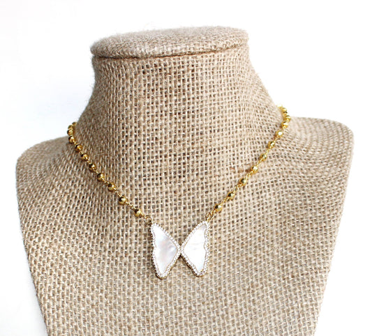 Cloud Nine- Gold Beaded Mother of Pearl Butterfly Necklace