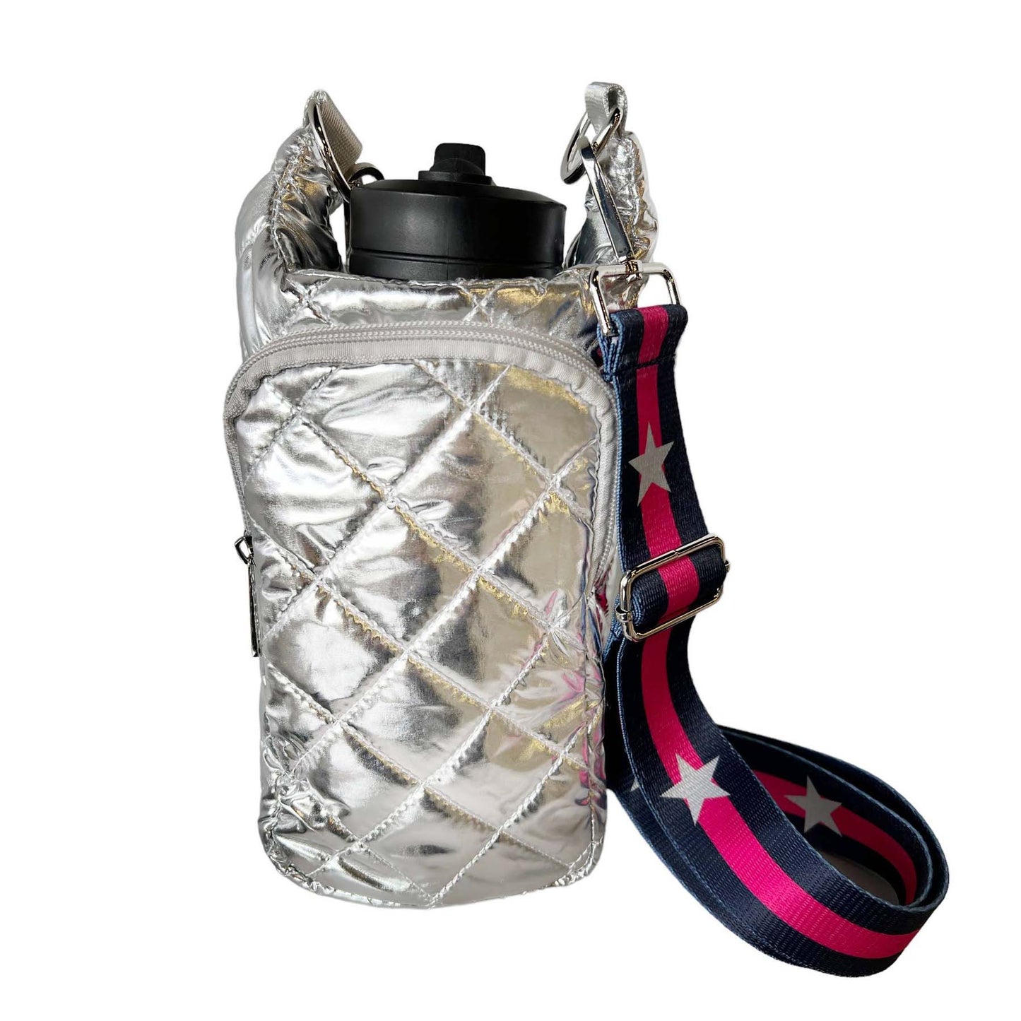 Silver Water Bottle Bag Crossbody Hydro Puffer Tote