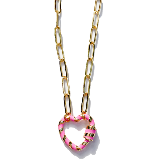 Heartbreaker- Pink Striped Heart Carabiner Clasp Necklace